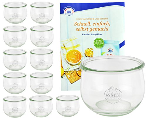 MamboCat 12er Set Weckgläser 580 ml Tulpenform I Original Weck Tulpenglas Dessertglas I Einweckgläser für Obst Gemüse UVM I Weck Gläser ohne Deckel inkl. Diamant-Zucker Gelierzauber Rezeptheft von MamboCat