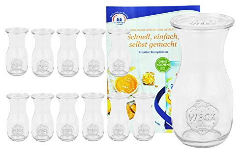 MamboCat 12er Set Weckgläser Saftflaschen mit Deckel 290 ml I Original Weck Glasflasche I Einweckflaschen mit Deckel für Säfte Saucen Öle UVM I inkl. Diamant-Zucker Gelierzauber Rezeptheft von MamboCat