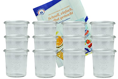 MamboCat 12er Set Weckgläser Sturzglas 140 ml I Original Weck Sturzglas Dessertglas I Einweckgläser für Kuchen Gelees uvm I Sturzgläser ohne Deckel inkl. Diamant-Zucker Gelierzauber Rezeptheft von MamboCat