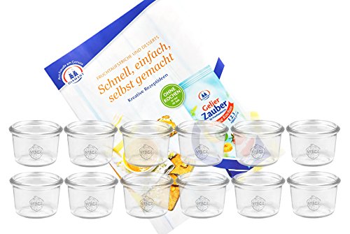 MamboCat 12er Set Weckgläser Sturzglas 80 ml I Original Weck Sturzglas Dessertglas I Einweckgläser für Kuchen Gelees UVM I Sturzgläser ohne Deckel inkl. Diamant-Zucker Gelierzauber Rezeptheft von MamboCat
