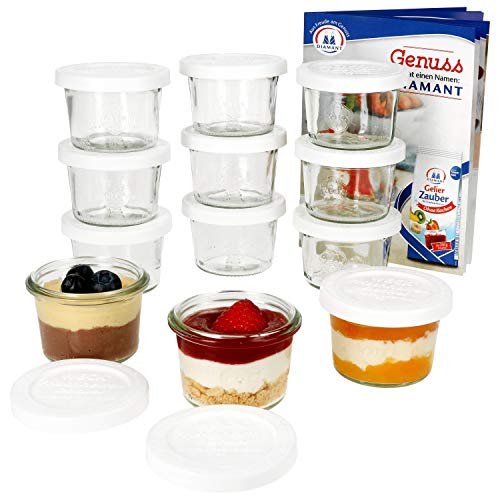 MamboCat 12er Set Weckgläser mit Frischhaltedeckel 80 ml I Original Weck Sturzglas Dessertglas I Einweckgläser mit Deckel für Kuchen Gelees UVM I inkl. Diamant-Zucker Gelierzauber Rezeptheft von MamboCat