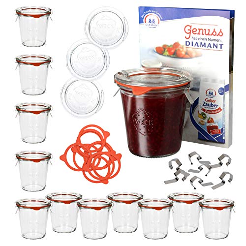 MamboCat 12er Set Weckgläser mit Deckel Einkochring Klammern I Original Weck Sturzgläser 290ml I Einweckgläser für Kuchen Gelees UVM I Marmeladenglas inkl. Diamant-Zucker Gelierzauber Rezeptheft von MamboCat