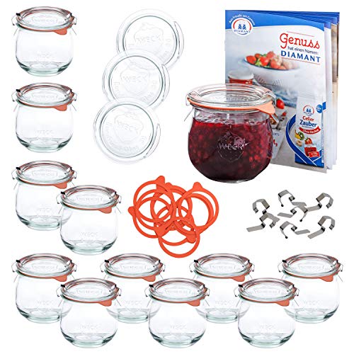 12er WECK-Einkochset | 12 Tulpengläser 370 ml + 12 Glas-Deckel RR80 + 12 Einkochringe + 24 Einweck-Klammern + Rezeptheft | bauchiges Einmach-Glas | Einkoch-Zubehör von MamboCat