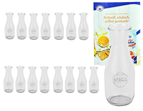 MamboCat 16er Set Weck Gläser 530ml 1/2 Liter Saftflasche mit 16 Glasdeckeln inkl. Gelierzauber Rezeptheft I Original Weck Glasflasche I Einweckflaschen mit Deckel für Säfte Saucen Öle uvm von MamboCat