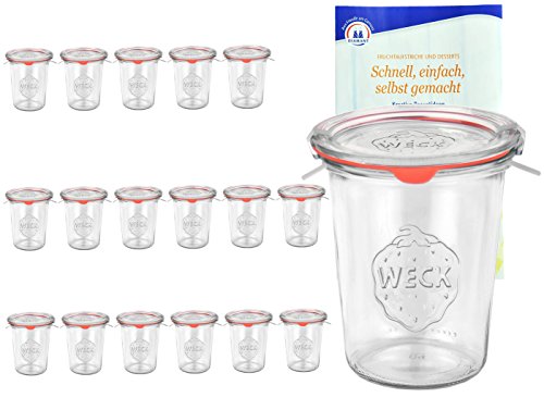 18er Set Original WECK 3/4-Liter Sturzglas, 850 ml, Rundrandglas RR100 + Glasdeckel + Dichtring + Weck-Klammern + Rezeptheft, Einmachglas, Einkoch-Set, Einlegen, Einwecken + Konservieren von MamboCat