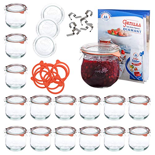 18er WECK-Einkochset | 18 Tulpengläser 370 ml + 18 Glas-Deckel RR80 + 18 Einkochringe + 36 Einweck-Klammern + Rezeptheft | bauchiges Einmach-Glas | Einkoch-Zubehör von MamboCat