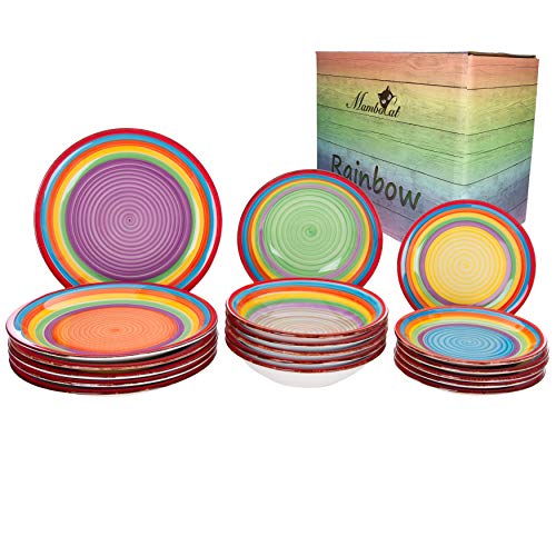MamboCat 18tlg. Tellerset Ibiza Rainbow für 6 Pers. kunterbuntes Tafel-Geschirr Kuchen-Teller klein + Speiseteller flach + Suppenteller tief Regenbogenfarben von MamboCat