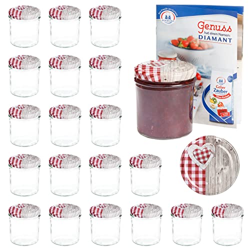 MamboCat 20er 350 ml Sturzglas-Set | Einmachgläser + Twist-Off-Deckel Holz-Herz rotkariert + GRATIS Rezeptheft | einkochen & konservieren | Vorratsgläser | backofengeeignet von MamboCat