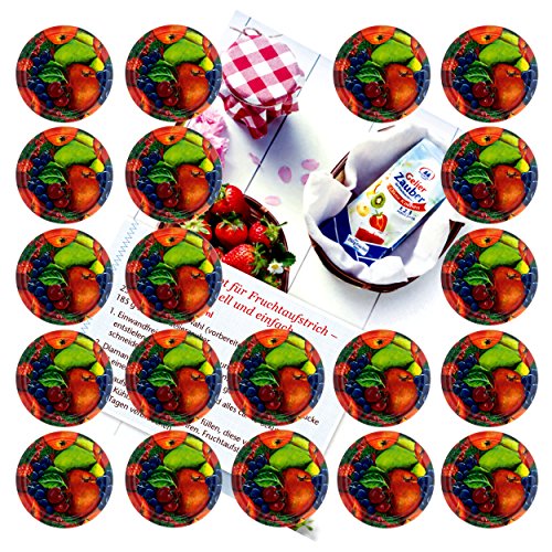 MamboCat 20er Set Deckel to 66 Obst Dekor passend für 125ml Gläser incl. Diamant-Zucker Gelierzauber Rezeptheft von MamboCat