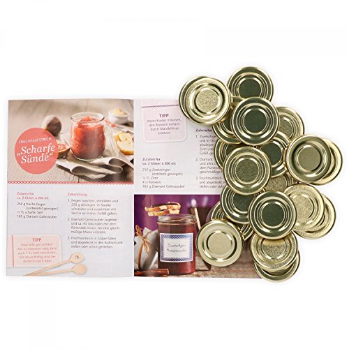 MamboCat 20er Set Deckel to 43, passend für 37 ml / 53 ml Gläser, Gold lackiert, Schraubdeckel für Sturzgläser, mit Gummidichtung incl. GRATIS Diamant-Zucker Rezeptheft MamboCat 20er Set Deckel to 43, passend für 37 ml / 53 ml Gläser, Gold lackiert, Schraubdeckel für Sturzgläser, mit Gummidichtung incl. GRATIS Diamant-Zucker Rezeptheft von MamboCat