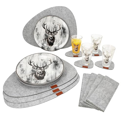 MamboCat 20tlg Tisch-Set Alois hellgrau I Je 4X Teller, Gläser, Platzset, Untersetzer & Bestecktasche aus Filz I Gedeck für 4 Personen I Tisch-Dekoration von MamboCat