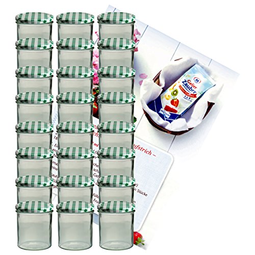 MamboCat 24er Set Sturzglas 350 ml Marmeladenglas Einmachglas Einweckglas to 82 grün Karierter Deckel incl. Diamant-Zucker Gelierzauber Rezeptheft von MamboCat