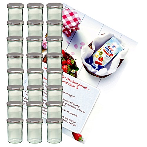 MamboCat 24er Set Sturzglas 435 ml Marmeladenglas Einmachglas Einweckglas To 82 silberner Deckel incl. Diamant-Zucker Gelierzauber Rezeptheft von MamboCat