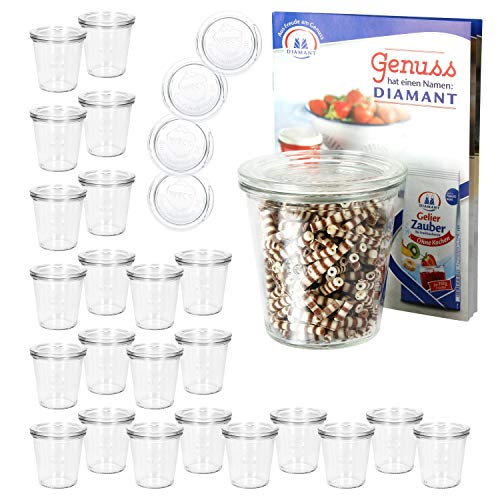 MamboCat 24er Set Weckgläser mit Deckel Sturzglas 290 ml I Original Weck Sturzglas Dessertglas I Einweckgläser mit Deckel für Kuchen Gelees UVM I inkl. Diamant-Zucker Gelierzauber Rezeptheft von MamboCat