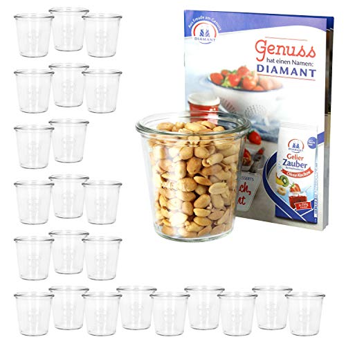 MamboCat 24er Set Weckgläser Sturzglas 290 ml I Original Weck Sturzgläser Dessertglas I Einweckgläser für Kuchen Gelees UVM I Einmachglas ohne Deckel inkl. Diamant-Zucker Gelierzauber Rezeptheft von MamboCat