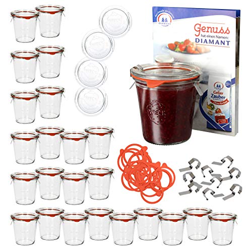 MamboCat 24er Set Weckgläser mit Deckel Einkochring Klammern I Original Weck Sturzgläser 290ml I Einweckgläser für Kuchen Gelees uvm I Marmeladenglas inkl. Diamant-Zucker Gelierzauber Rezeptheft von MamboCat