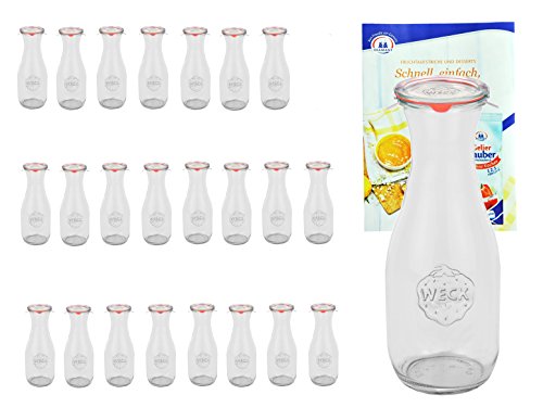 MamboCat 24er Set Weck Gläser 1062ml 1 Liter Saftflasche mit 24 Glasdeckeln, 24 Einkochringen und 48 Klammern inkl. Gelierzauber Rezeptheft I Weck Glasflasche Einweckflaschen für Säfte Saucen Öle von MamboCat