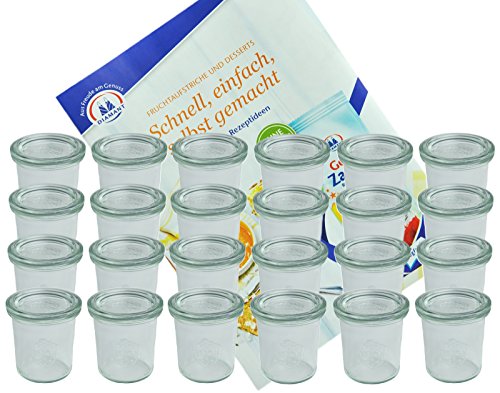 MamboCat 24er Set Weckgläser Sturzglas mit Deckel 140 ml I Original Weck Sturzglas Dessertglas I Einweckgläser mit Deckel für Kuchen Gelees UVM I inkl. Diamant-Zucker Gelierzauber Rezeptheft von MamboCat