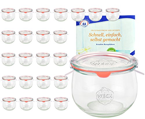 MamboCat 24er Set Weck Gläser 580ml Tulpengläser, 1/2L Sturzgläser mit 24 Glasdeckeln, 24 Einkochringen und 48 Klammern inkl. Gelierzauber Rezeptheft von Diamantzucker I Einweckgläser mit Deckel von MamboCat