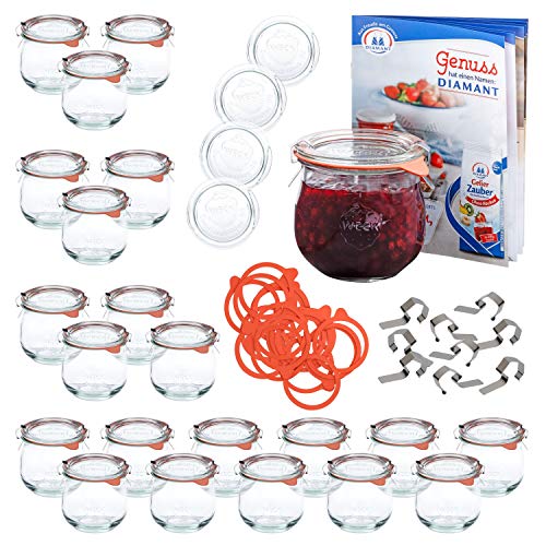 24er WECK-Einkochset | 24 Tulpengläser 370 ml + 24 Glas-Deckel RR80 + 24 Einkochringe + 48 Einweck-Klammern + Rezeptheft | bauchiges Einmach-Glas | Einkoch-Zubehör von MamboCat