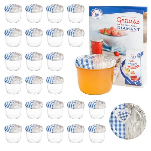 MamboCat 25er 230 ml Sturzglas-Set | Einmachgläser + Twist-Off-Deckel Holz-Herz blaukariert + GRATIS Rezeptheft | einkochen & konservieren | backofengeeignet von MamboCat