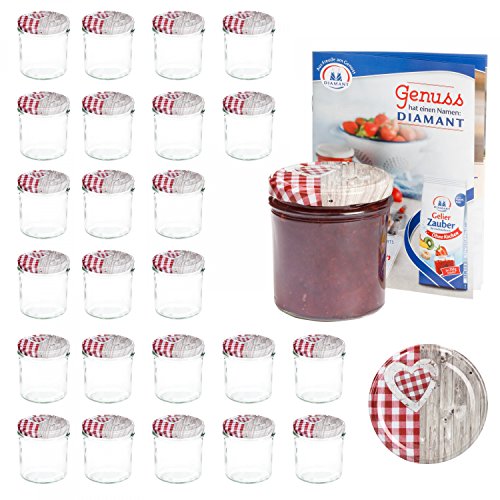 MamboCat 25er 350 ml Sturzglas-Set | Einmachgläser + Twist-Off-Deckel Holz-Herz rotkariert + GRATIS Rezeptheft | einkochen & konservieren | Vorratsgläser | backofengeeignet von MamboCat