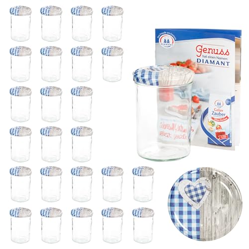 MamboCat 25er 435 ml Sturzglas-Set | Einmachgläser + Twist-Off-Deckel Holz-Herz blaukariert + GRATIS Rezeptheft | einkochen & konservieren | backofengeeignet von MamboCat