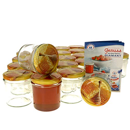 MamboCat 25er Set Einmachglas 350 ml I Schöne Rundgläser Einkochgläser mit Schraubdeckel mit Honigwabe als Honiggläser UVM I Twist Off to 82 I Aufbewahrungsgläser mit Deckel I inkl. Rezeptheft von MamboCat