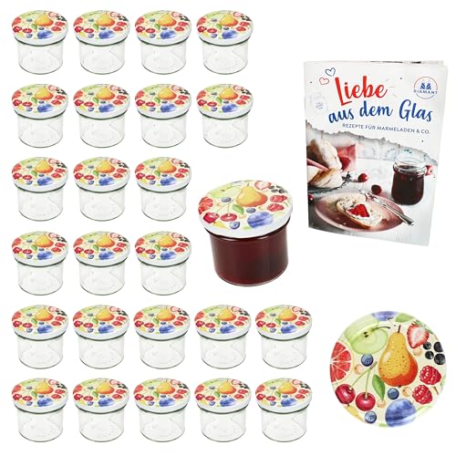MamboCat 25er Set Sturzglas 125 ml mit Schraub-Deckel Comic-Obst I Einmachgläser + TO 66 Deckel mit Diamant-Zucker-Rezept I Vorratsgläser einkochen & konservieren von MamboCat