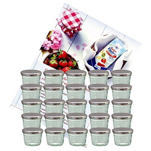 MamboCat 25er Set Sturzglas 230 ml Marmeladenglas Einmachglas Einweckglas to 82 silberner Deckel incl. Diamant-Zucker Gelierzauber Rezeptheft von MamboCat