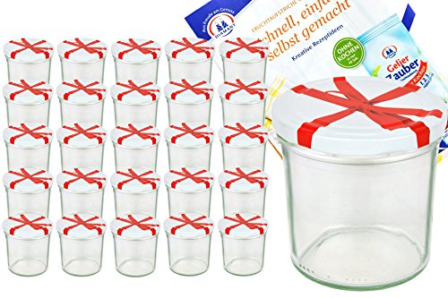 MamboCat 25er Set Sturzglas 350 ml to 82 weißer Deckel mit Schleifendekor incl. Diamant Gelierzauber Rezeptheft Marmeladenglas Einmachglas Einweckglas von MamboCat