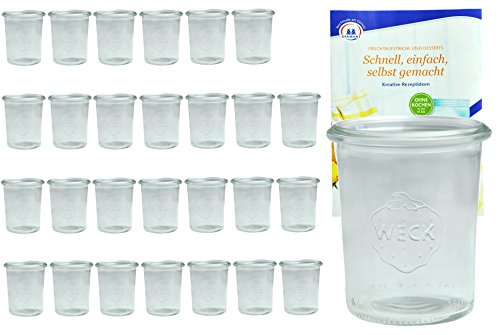 MamboCat 28er Set Weck Gläser 160 ml Dessertgläser incl. Diamant-Zucker Gelierzauber Rezeptheft I Weck Sturzglas Dessertglas I Einweckgläser für Kuchen Gelees uvm I Sturzgläser ohne Deckel von MamboCat