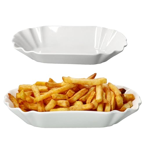 MamboCat 2er Set Fries Pommesschale I ovale weiße Currywurstschale aus Porzellan I Snackteller mit Relief für Beilagen, Würstchen, Pommes & Nuggets I Wiederverwendbare Servierteller von MamboCat