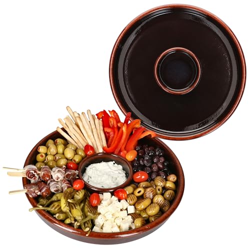MamboCat 2er Set Juego Tapas Schale Ø 33,5cm | große dunkelbraune Tonschale mit integriertem Schälchen für Kerne oder Dip I Cazuela für Antipasti, Fingerfood & Co. von MamboCat