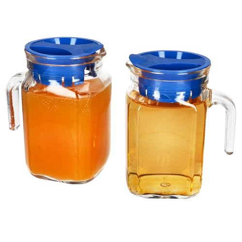 MamboCat 2er Set KORA Kühlschrankkrug mit blauem Kunststoff-Deckel I 0,5 Liter I viereckige Glas-Karaffe mit Ausgießtülle & Henkel für Eistee, Wasser, Saft, Milch & Co. von MamboCat