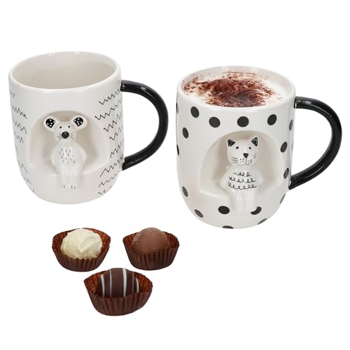 MamboCat 2er Set Katz & Maus Jumbotasse für 2 Personen I 400ml I große Tasse aus Keramik mit schwarzen Punkten & Zickzack-Muster I XL-Becher mit 3D-Katze & Maus für Tee, Kaffee, Kakao & Co von MamboCat