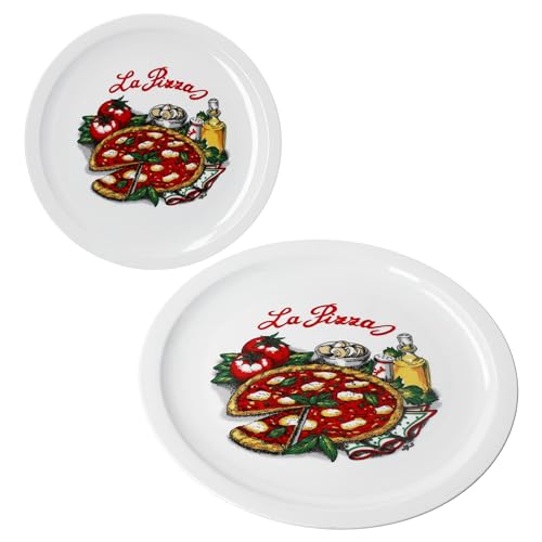 MamboCat 2er Set La Pizza Pizzateller I Ø 30,5 cm I für 2 Personen I große Pizzateller aus Porzellan mit Pizza-Dekor & Schrift I für Pizzen oder zum Anrichten I XL-Speiseteller, Servierplatte von MamboCat