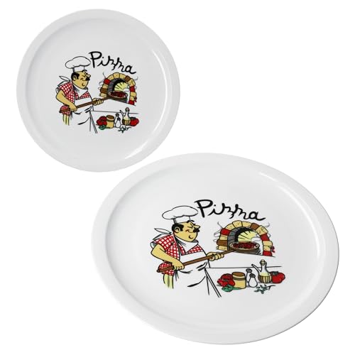 MamboCat 2er Set Luigi Pizzateller I Ø 30,5 cm I für 2 Personen I weiße große Pizzateller aus Porzellan mit Pizza-Bäcker Motiv I für Pizzen oder zum Anrichten I Speiseteller von MamboCat