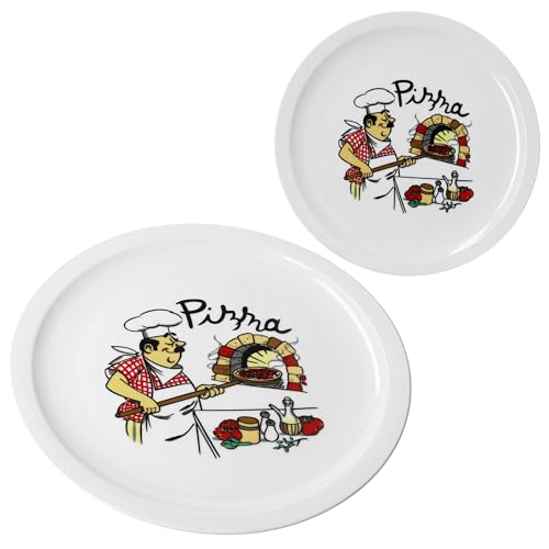 MamboCat 2er Set Mario Pizzateller XXL I Ø 33,5 cm I für 2 Personen I weiße große Pizzateller aus Porzellan mit Pizza-Bäcker Motiv I für Pizzen oder zum Anrichten I große Speiseteller, Servierplatte von MamboCat