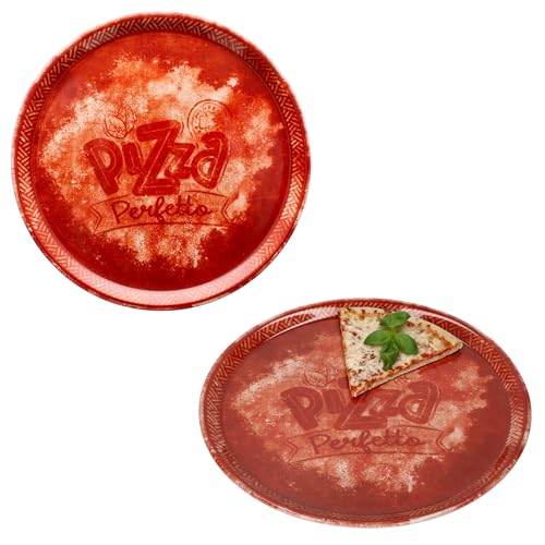 MamboCat 2er Set Perfetto Pizzateller Ø 31,5 cm I Rot I für 2 Personen I rustikale Porzellan-Teller für Pizza, Flammkuchen & mehr I große Speiseteller mit Dekor & Schrift, Servierplatte von MamboCat