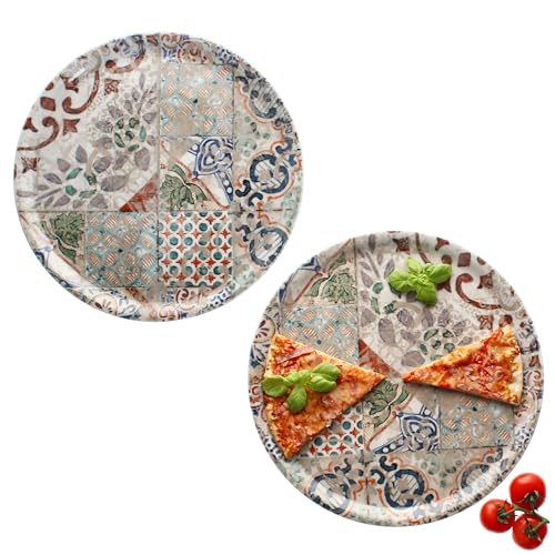 MamboCat 2er Set Pizzateller Alcazar I Ø 33 cm I für 2 Personen I große Pizzateller aus Porzellan mit mediterraner Fliesen-Optik I für Pizzen oder zum Anrichten I XL-Speiseteller, Servierplatte von MamboCat