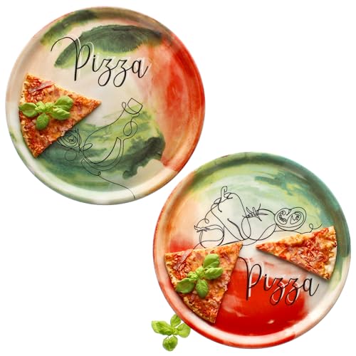 MamboCat 2er Set Pizzateller Gemüse & Öl I Ø 33 cm I für 2 Personen I große Pizzateller aus Porzellan mit Dekor & Schrift I für Pizzen oder zum Anrichten I XL-Speiseteller, Servierplatte von MamboCat