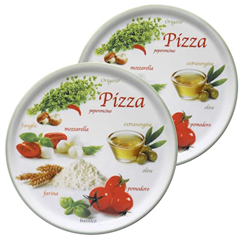 MamboCat 2er Set Pizzateller Napoli Green Ø 33,8 cm I Servierplatten mit Motiven I Vorspeisen Platten zum Anrichten für Antipasti oder Tomate-Mozzarella I bunte Porzellan Teller für Pizza & Co von MamboCat