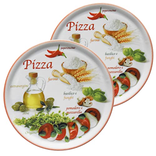 MamboCat 2er Set Pizzateller Napoli Red Ø 33,8 cm I Servier Platten mit Motiven I Vorspeisenplatten zum Anrichten für Antipasti oder Tomate-Mozzarella I bunte Porzellanteller für Pizza Pasta & Co von MamboCat