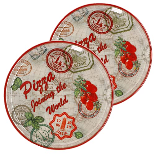 MamboCat 2er Set Pizzateller Napoli Green Ø 32 cm I Servierplatten mit Motiven I Vorspeisen Platten zum Anrichten für Antipasti oder Tomate-Mozzarella I bunte Porzellan Teller für Pizza & Co