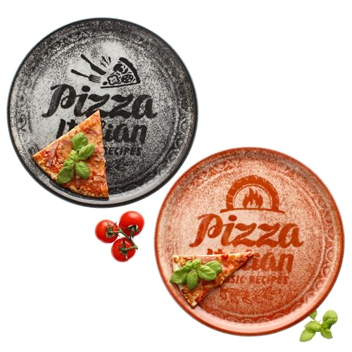 MamboCat 2er Set Pizzateller rot & schwarz I Ø 31 cm I für 2 Personen I große Pizzateller aus Porzellan mit Dekor & Schrift I für Pizzen oder zum Anrichten I XL-Speiseteller, Servierplatte von MamboCat