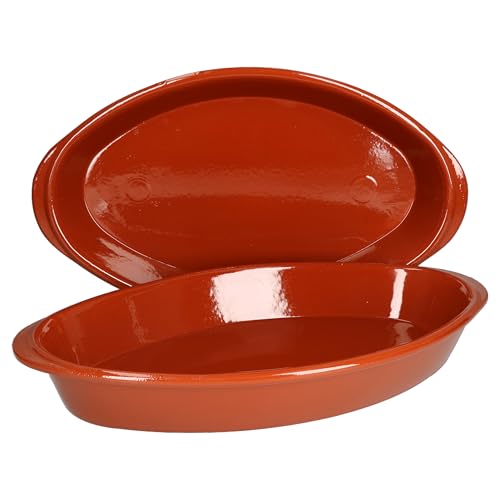 MamboCat 2er Set Ton-Auflaufformen oval 1,5 Ltr 39x23x5,5cm I Schüsseln glasiert I Cazuela mit Griff I Tapas Servierschalen Keramik Bräter backofengeeignet I Brotbackform I Mittelalter Geschirr Set von MamboCat