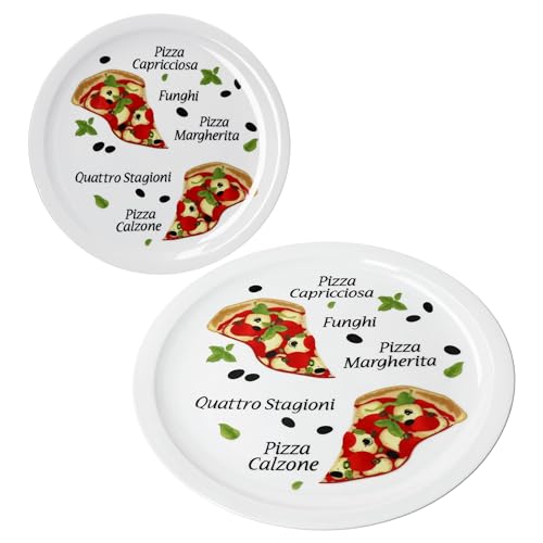 MamboCat 2er Set Variazione Pizzateller I Ø 30,5 cm I für 2 Personen I große Pizzateller aus Porzellan mit Pizza-Dekor & Schrift I für Pizzen oder zum Anrichten I XL-Speiseteller, Servierplatte von MamboCat