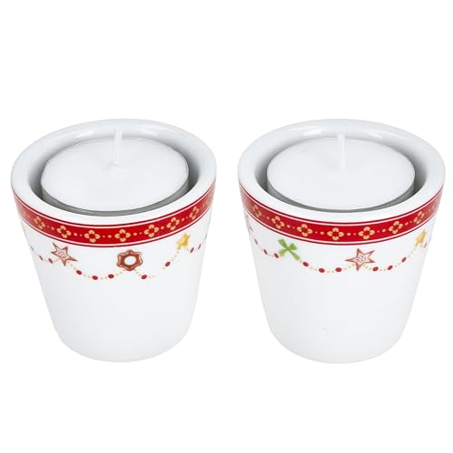 MamboCat 2er Set Weihnachtstraum Teelichthalter I Höhe 5,1cm I runde Porzellan-Kerzenhalter für Stabkerzen & Teelichter für Weihnachten, Advent & Co von MamboCat