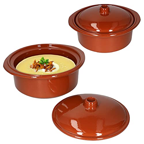 MamboCat 2er Ton Töpfe Set mit Deckel 1,6 Liter I Cocotte Bräter mit Griffen I Grillschalen rund I Keramik Kochtöpfe Set I Schmortöpfe für Backofen I Behälter zum Kochen I Mittelalter Geschirr von MamboCat